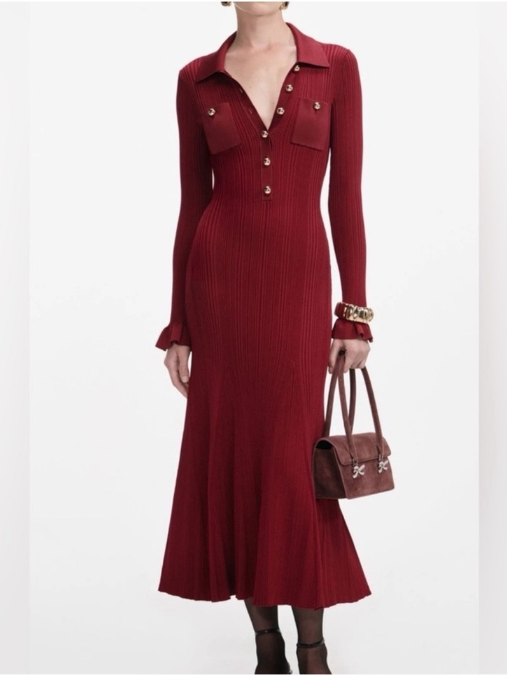 Self-Portrait Ribbed Polo Midi Dress in Burgundy Red